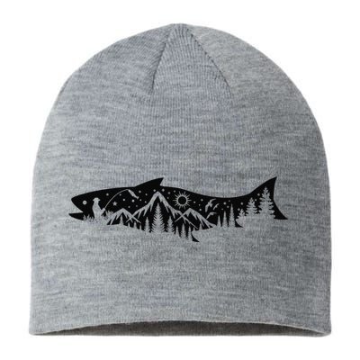 Fishing Forest Mountain Silhouette Outdoor Adventure Fishing Sustainable Beanie