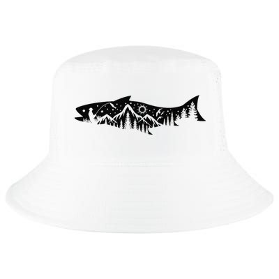 Fishing Forest Mountain Silhouette Outdoor Adventure Fishing Cool Comfort Performance Bucket Hat