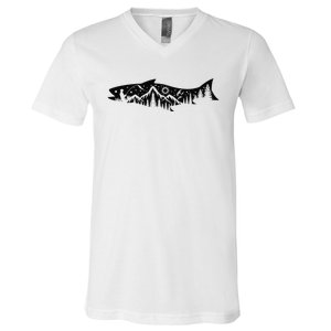 Fishing Forest Mountain Silhouette Outdoor Adventure Fishing V-Neck T-Shirt