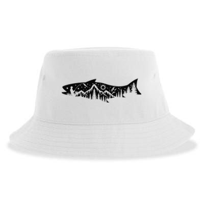 Fishing Forest Mountain Silhouette Outdoor Adventure Fishing Sustainable Bucket Hat