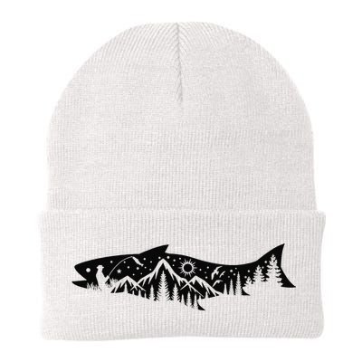 Fishing Forest Mountain Silhouette Outdoor Adventure Fishing Knit Cap Winter Beanie