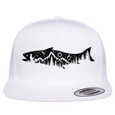 Fishing Forest Mountain Silhouette Outdoor Adventure Fishing Flat Bill Trucker Hat