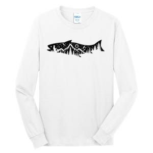 Fishing Forest Mountain Silhouette Outdoor Adventure Fishing Tall Long Sleeve T-Shirt