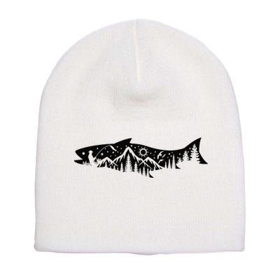 Fishing Forest Mountain Silhouette Outdoor Adventure Fishing Short Acrylic Beanie