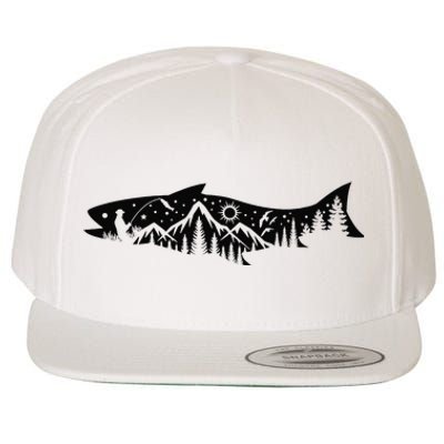 Fishing Forest Mountain Silhouette Outdoor Adventure Fishing Wool Snapback Cap