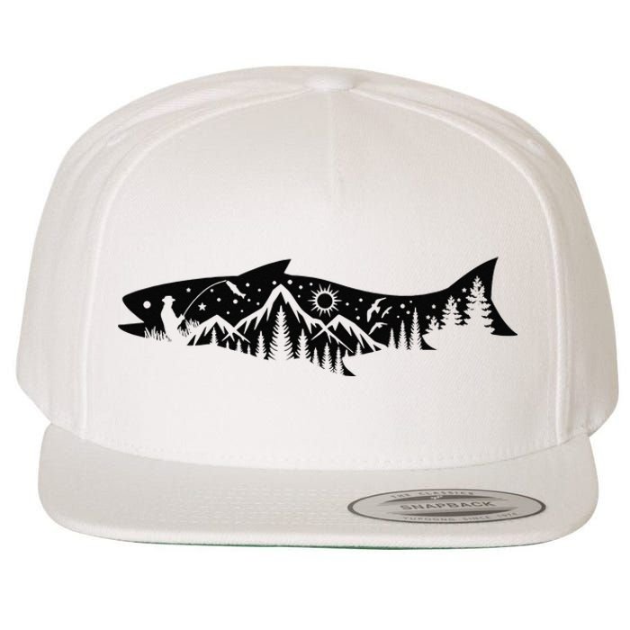 Fishing Forest Mountain Silhouette Outdoor Adventure Fishing Wool Snapback Cap