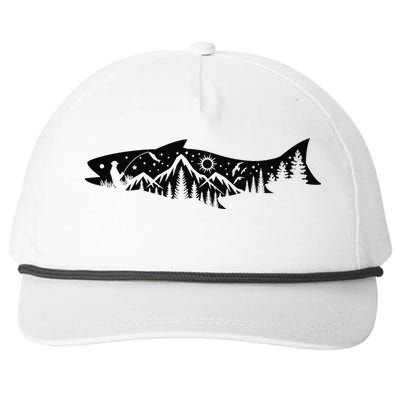 Fishing Forest Mountain Silhouette Outdoor Adventure Fishing Snapback Five-Panel Rope Hat