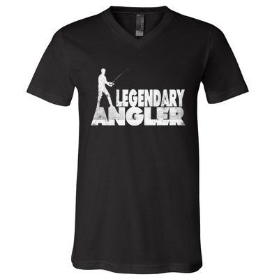 Fishing Fans Motif Legendary Angler Saying With Rod Design V-Neck T-Shirt