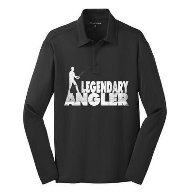 Fishing Fans Motif Legendary Angler Saying With Rod Design Silk Touch Performance Long Sleeve Polo