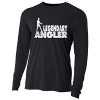 Fishing Fans Motif Legendary Angler Saying With Rod Design Cooling Performance Long Sleeve Crew