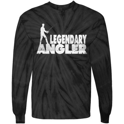 Fishing Fans Motif Legendary Angler Saying With Rod Design Tie-Dye Long Sleeve Shirt