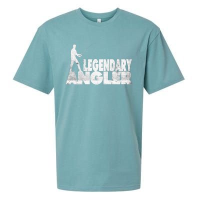 Fishing Fans Motif Legendary Angler Saying With Rod Design Sueded Cloud Jersey T-Shirt