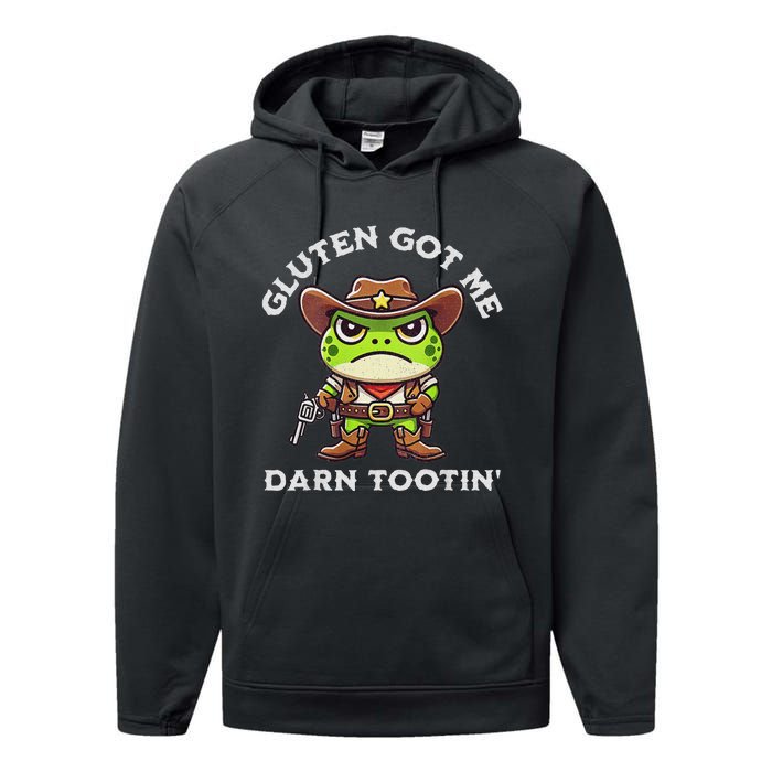 Funny Frog Meme Gluten Got Me Darn Tootin Gluten Free Diet Performance Fleece Hoodie