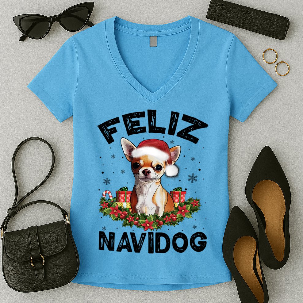 Funny Feliz Navidog Chihuahua Dog Lover Gift Christmas Cute Gift Women's V-Neck T-Shirt
