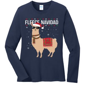 Fleece Feliz Navidad Cute Llama Christmas Ladies Long Sleeve Shirt