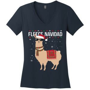 Fleece Feliz Navidad Cute Llama Christmas Women's V-Neck T-Shirt