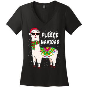 Fleece Feliz Navidad Llama Christmas Cute Xmas Gift Women's V-Neck T-Shirt