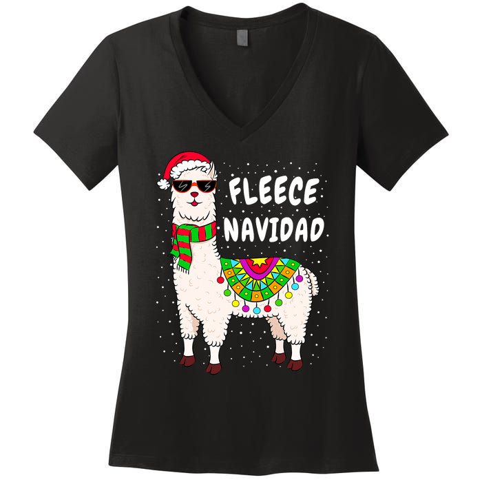 Fleece Feliz Navidad Llama Christmas Cute Xmas Gift Women's V-Neck T-Shirt