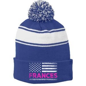 Frances First Name Gift Frances Name American Flag Funny Gift Stripe Pom Pom Beanie