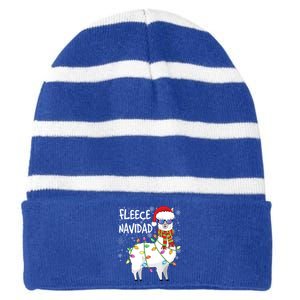 Fleece Feliz Navidad Llama Christmas Striped Beanie with Solid Band