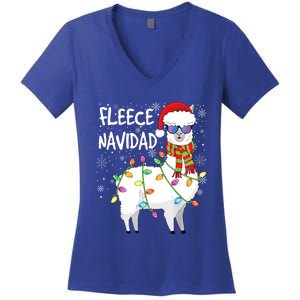 Fleece Feliz Navidad Llama Christmas Women's V-Neck T-Shirt