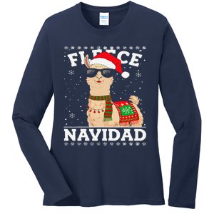 Fleece Feliz Navidad Cute Llama Christmas Ladies Long Sleeve Shirt