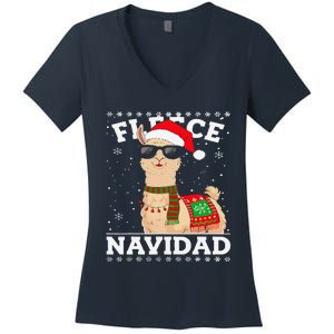 Fleece Feliz Navidad Cute Llama Christmas Women's V-Neck T-Shirt