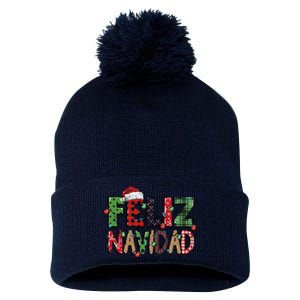 Funny Feliz Navidad Spanish Merry Christmas Christmas Lights Family Matching Pom Pom 12in Knit Beanie