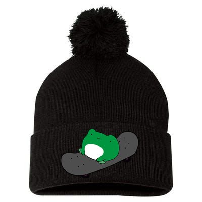 Funny Frog On Skateboard Pom Pom 12in Knit Beanie