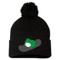 Funny Frog On Skateboard Pom Pom 12in Knit Beanie