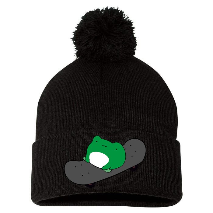 Funny Frog On Skateboard Pom Pom 12in Knit Beanie