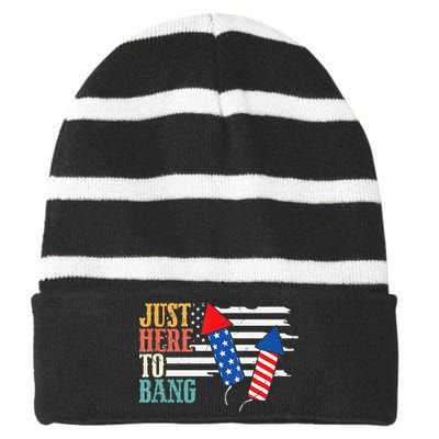 Funny Fourth Of July 4th Of July Im Just Here To Bang Striped Beanie with Solid Band