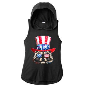 Funny Fourth Of July Fireworks Raccoon Ladies PosiCharge Tri-Blend Wicking Draft Hoodie Tank