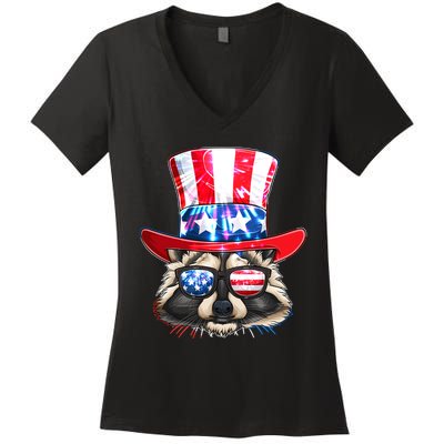 Funny Fourth Of July Fireworks Raccoon Women's V-Neck T-Shirt