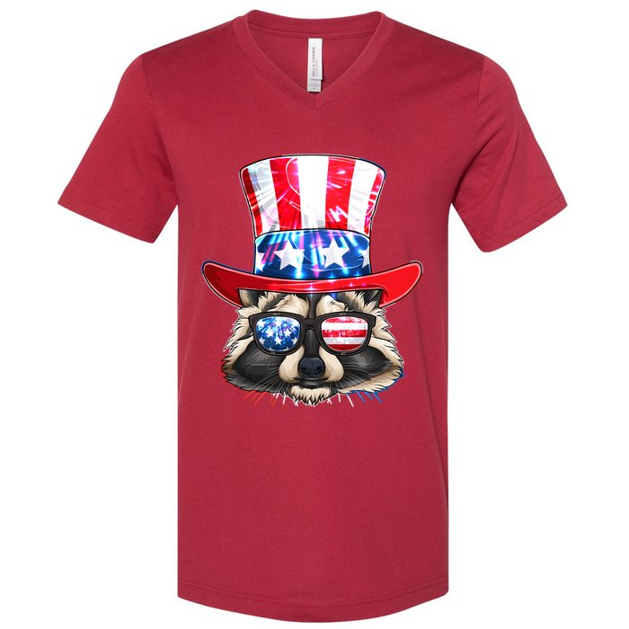 Funny Fourth Of July Fireworks Raccoon V-Neck T-Shirt