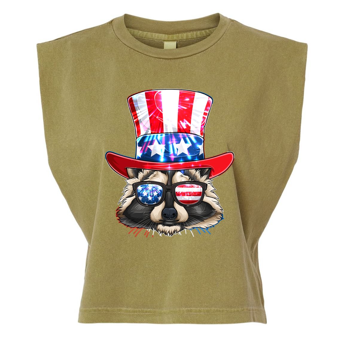 Funny Fourth Of July Fireworks Raccoon Garment-Dyed Women's Muscle Tee