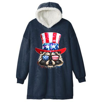 Funny Fourth Of July Fireworks Raccoon Hooded Wearable Blanket