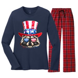 Funny Fourth Of July Fireworks Raccoon Women's Long Sleeve Flannel Pajama Set 