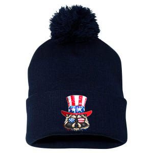 Funny Fourth Of July Fireworks Raccoon Pom Pom 12in Knit Beanie