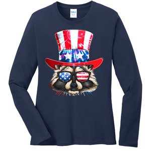 Funny Fourth Of July Fireworks Raccoon Ladies Long Sleeve Shirt