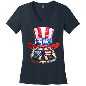 Funny Fourth Of July Fireworks Raccoon Women's V-Neck T-Shirt