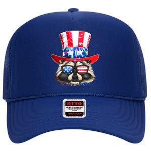 Funny Fourth Of July Fireworks Raccoon High Crown Mesh Back Trucker Hat