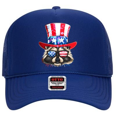 Funny Fourth Of July Fireworks Raccoon High Crown Mesh Back Trucker Hat