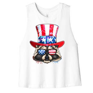 Funny Fourth Of July Fireworks Raccoon Women's Racerback Cropped Tank