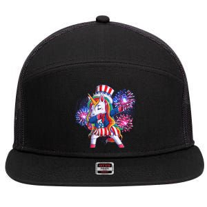 Funny Fourth Of July Fireworks Dabbing Unicorn 7 Panel Mesh Trucker Snapback Hat