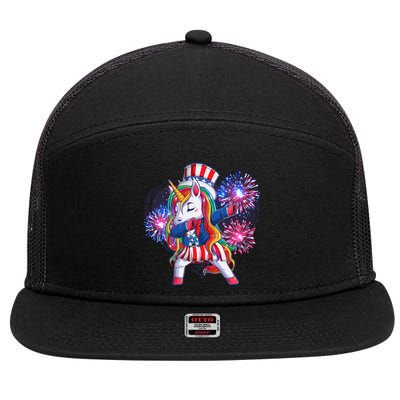 Funny Fourth Of July Fireworks Dabbing Unicorn 7 Panel Mesh Trucker Snapback Hat