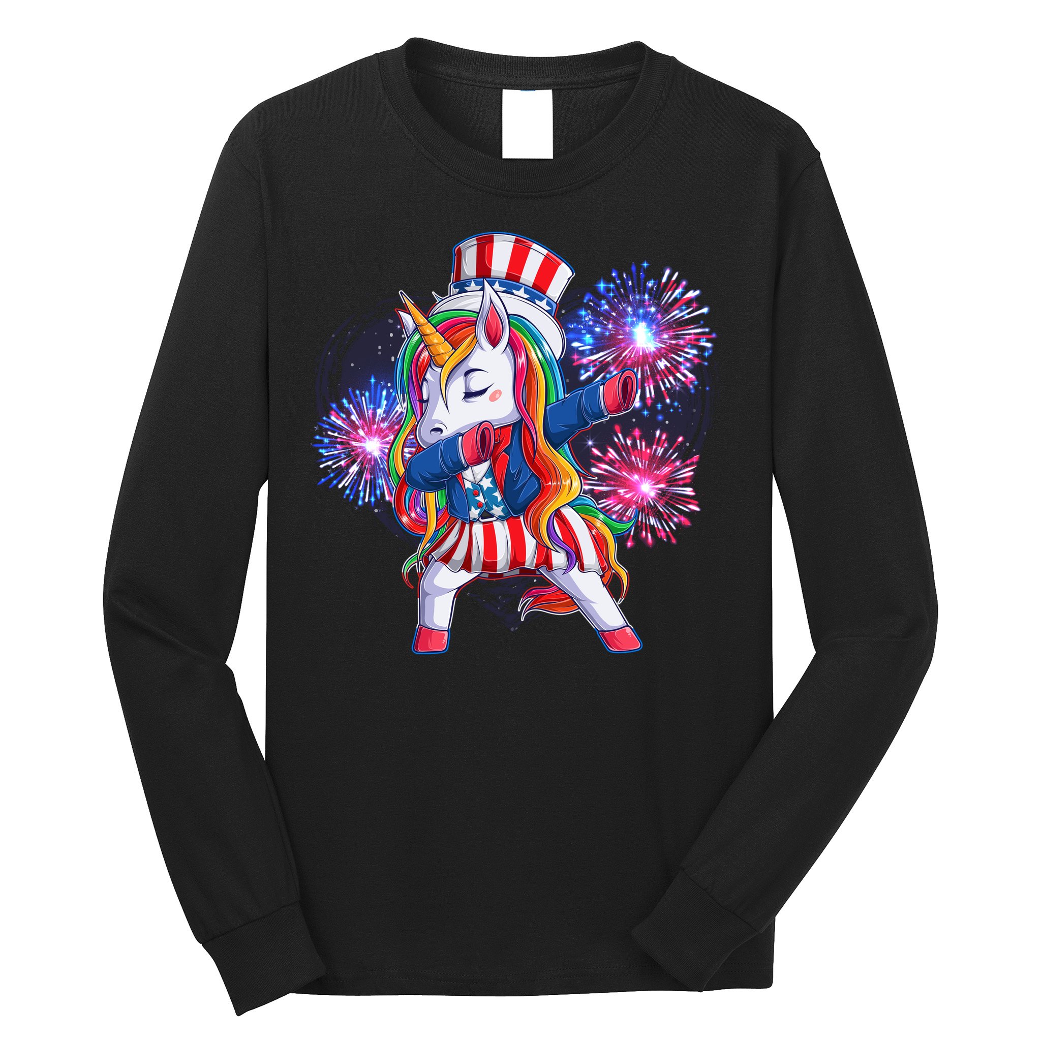 Funny Fourth Of July Fireworks Dabbing Unicorn Long Sleeve Shirt