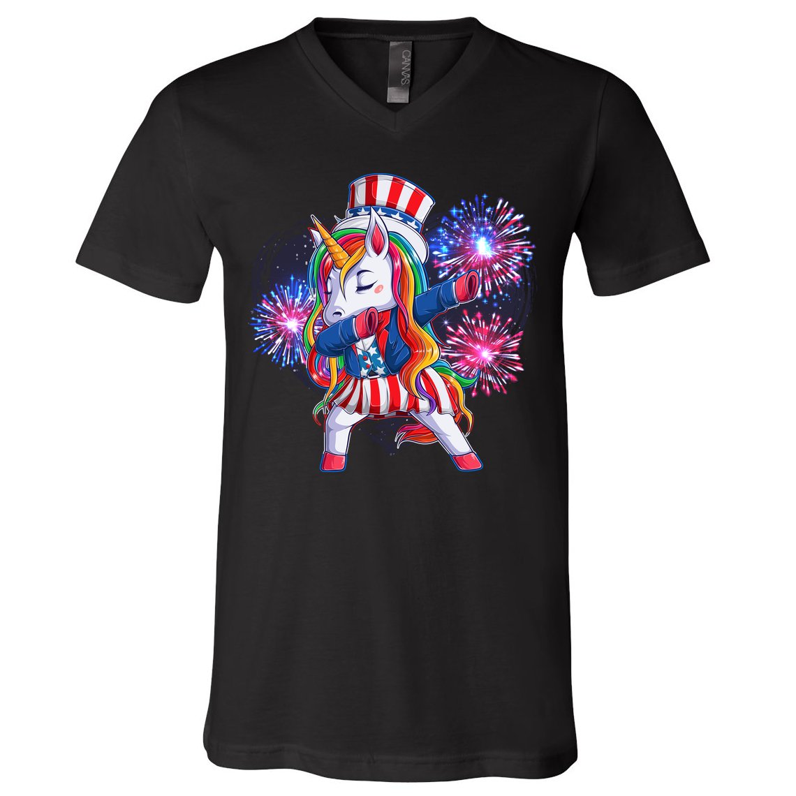 Funny Fourth Of July Fireworks Dabbing Unicorn V-Neck T-Shirt