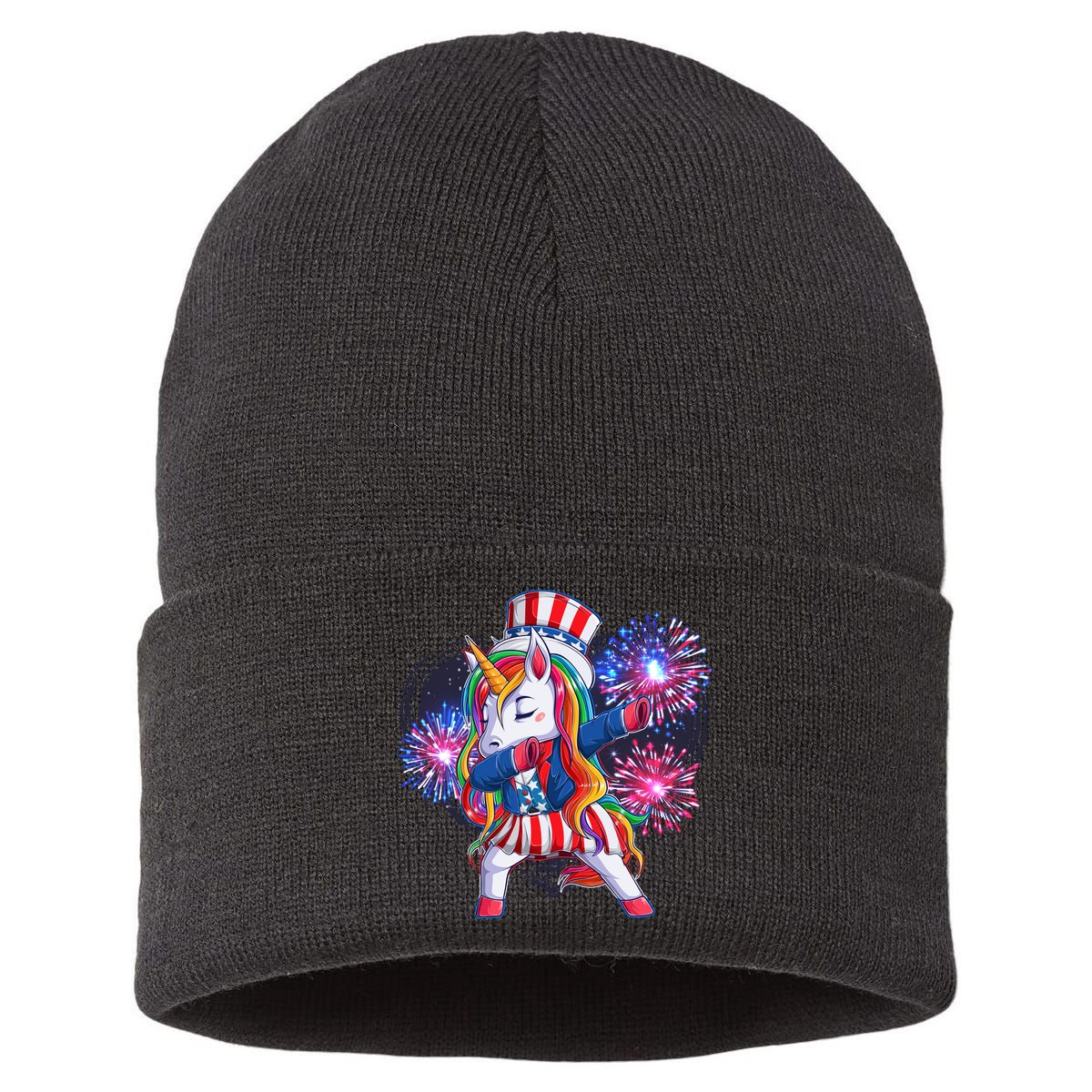 Funny Fourth Of July Fireworks Dabbing Unicorn Sustainable Knit Beanie