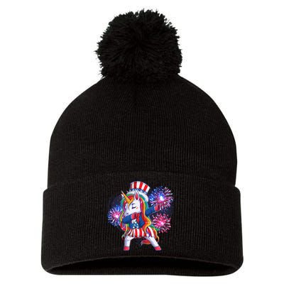 Funny Fourth Of July Fireworks Dabbing Unicorn Pom Pom 12in Knit Beanie
